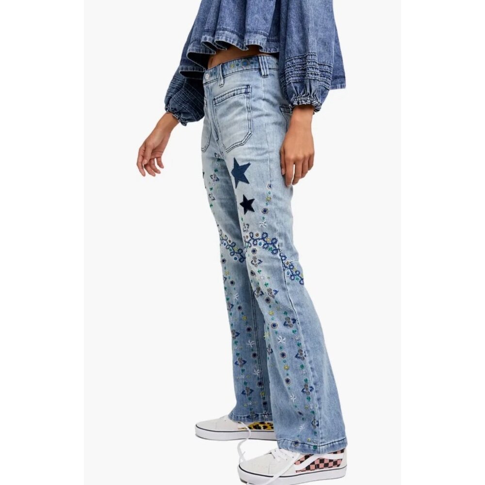 Free People Embroidered Denim Star & Floral Flared Leg High Rise Jeans | Boho 25 - Picture 5 of 16